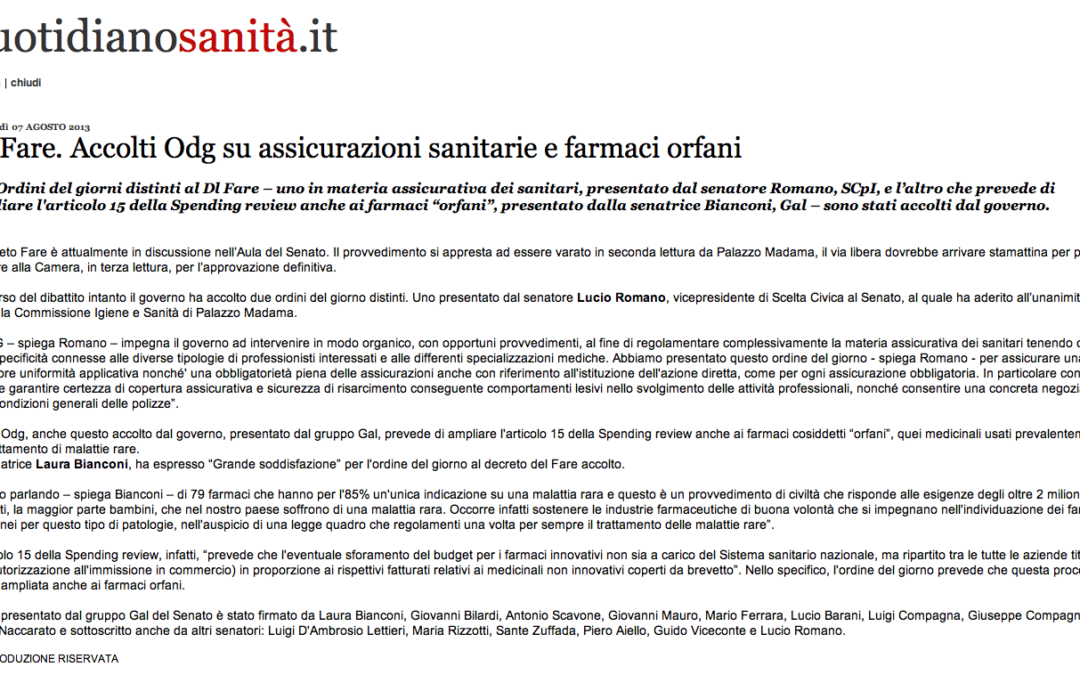 Quotidiano Sanità 07.8.2013 | Dl Fare. Accolti Odg su assicurazioni sanitarie e farmaci orfani