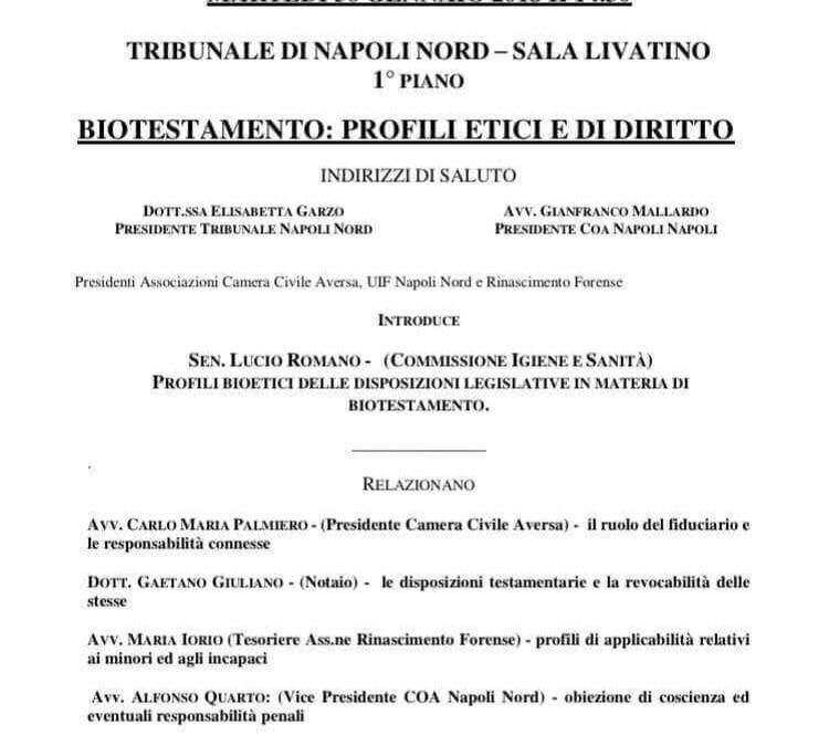 Aversa 30.01.2018 | Biotestamento: profili etici e di diritto