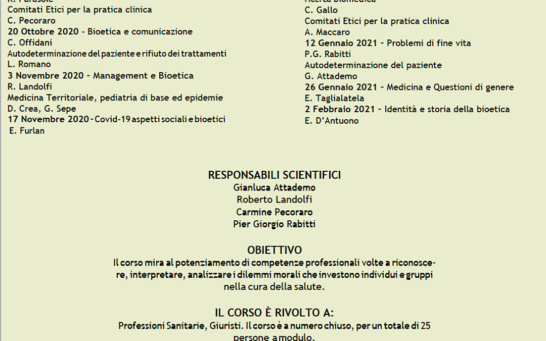 Napoli 20.10.2020 | Corso di Bioetica per giuristi e professioni sanitarie