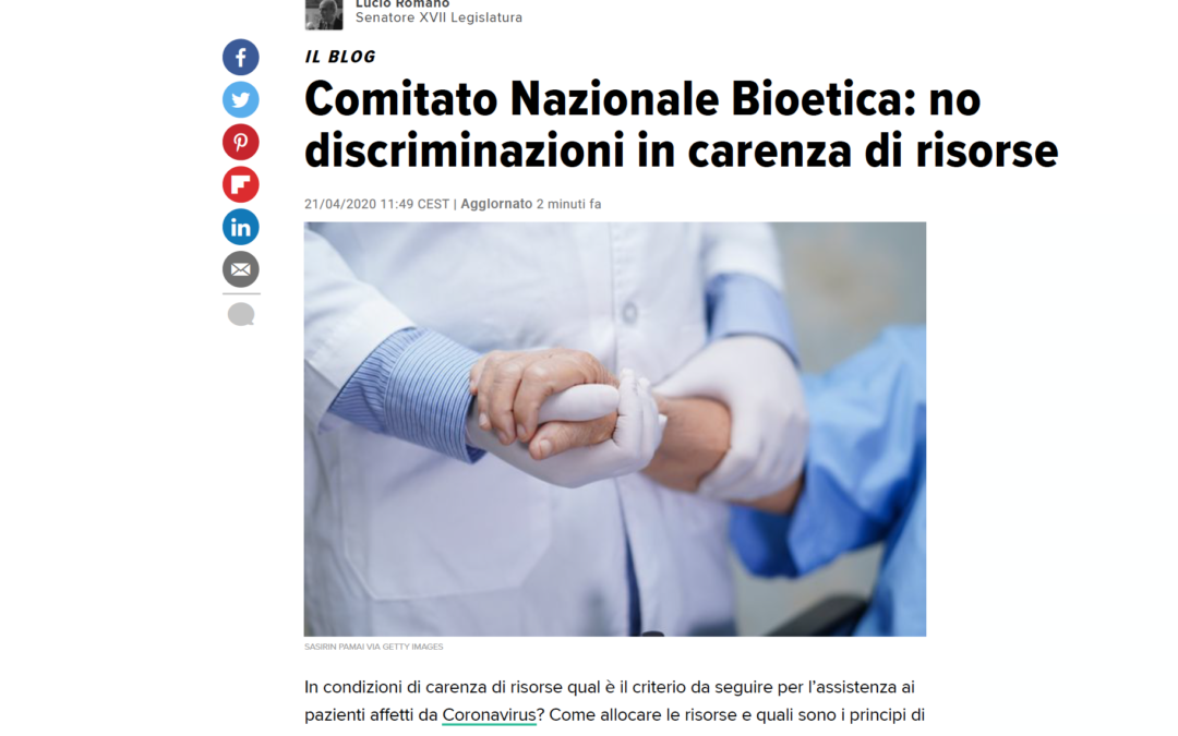 Huffington Post 21.4.2020 | Comitato Nazionale Bioetica: no discriminazioni in carenza di risorse