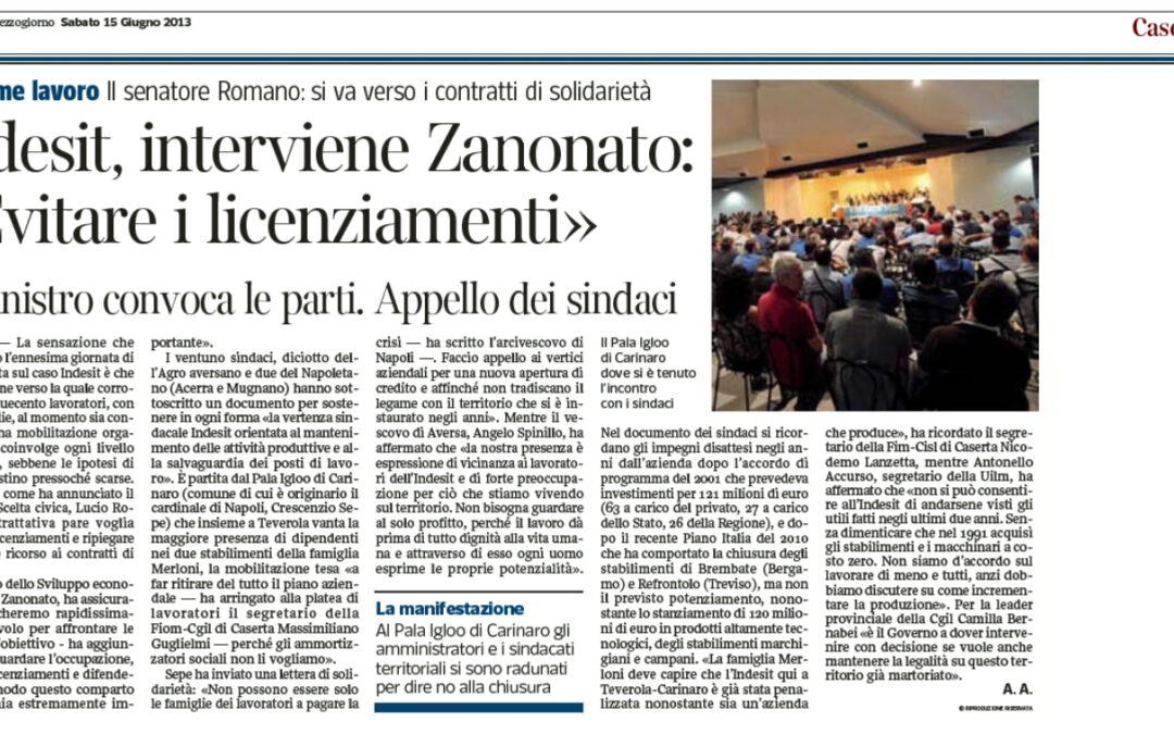 Corriere del Mezzogiorno 15.6.2013 | Indesit. Il senatore Romano: si va verso i contratti di solidarietà