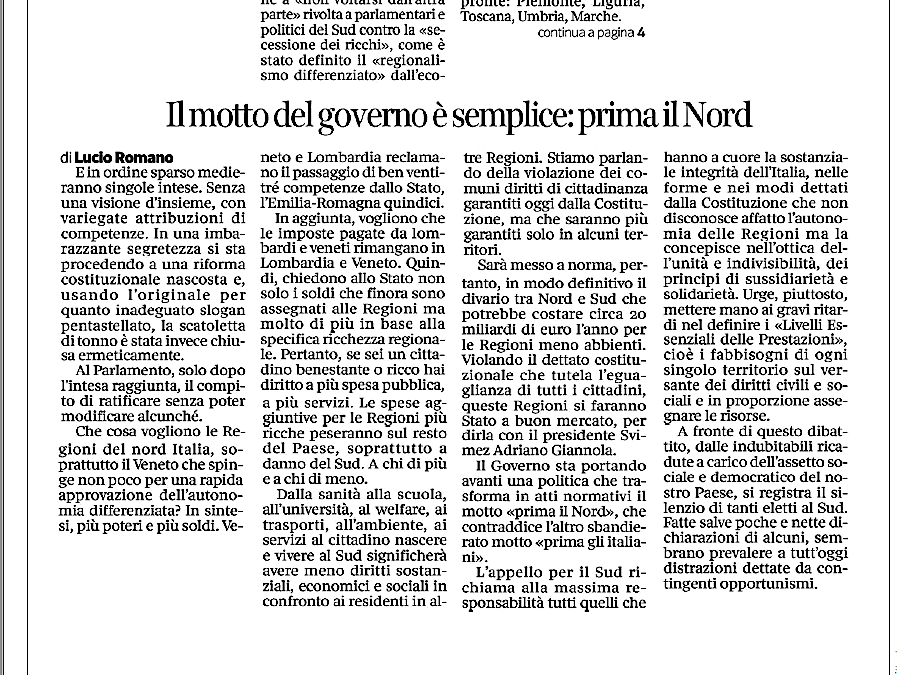 Corriere del Mezzogiorno 13.2.2019 | Il motto del Governo è semplice: prima il Nord