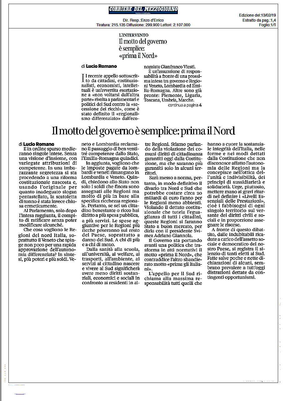 2019 (4c)-Corsera Mezzogiorno-Il motto del Governo è semplice. Prima il Nord (13.2.2019)