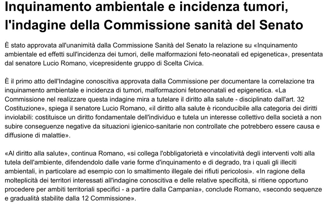 Il Mattino 23.7.2013 | Inquinamento ambientale e incidenza tumori, l’indagine della commissione Sanità del Senato