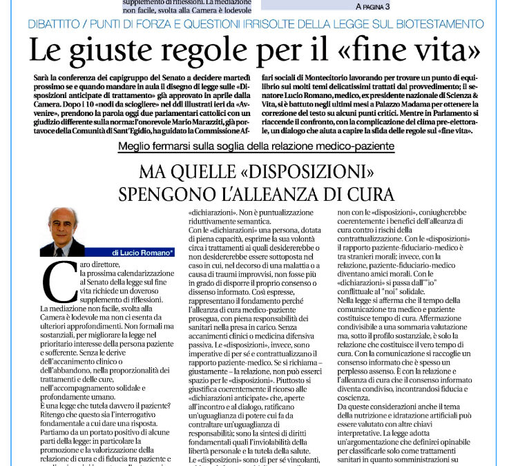 Avvenire 1.12.2017 | Le giuste regole per il “fine vita”