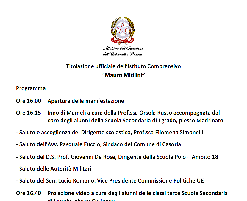 Casoria 1.06.2017 | Titolazione ufficiale dell’Istituto Comprensivo ‘Mauro Mitilini’