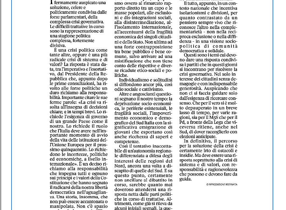 Corriere del Mezzogiorno 28.8.2019 | Crisi di governo. No a un’autonomia che difende soltanto gli interessi settentrionali