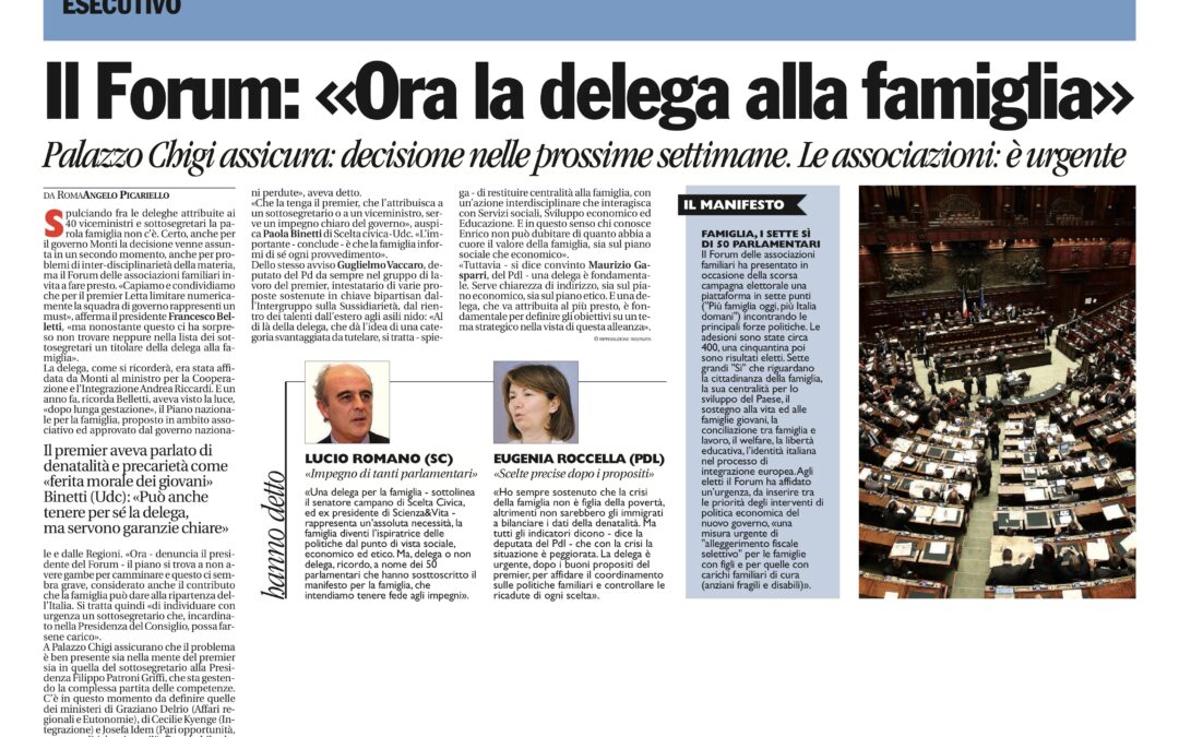 Avvenire 04.5.2013 | Il Forum: “Ora la delega alla famiglia”