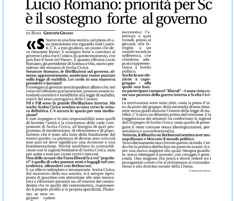 Avvenire 09.11.2013 | Lucio Romano: priorità per SC è il sostegno forte al governo