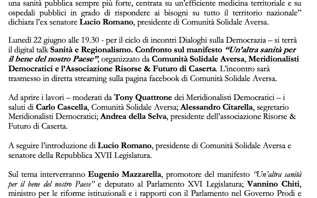 Comunicato Stampa 22.6.2020 | Sanità e regionalismo. Evento online di Comunità Solidale Aversa, Meridionalisti Democratici, Risorse & Futuro