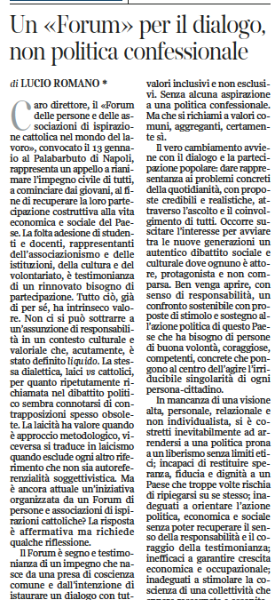 Corriere del Mezzogiorno 23.1.2014 | Un “Forum” per il dialogo, non politica confessionale