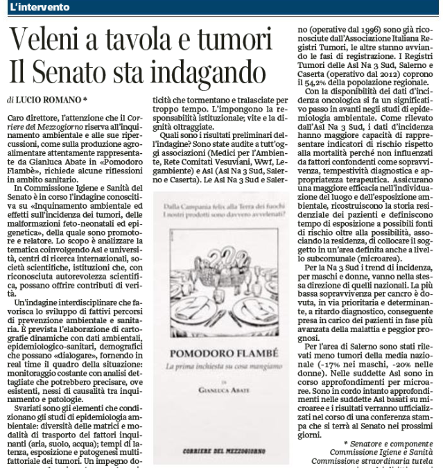 Corriere del Mezzogiorno 05.1.2014 | Veleni a tavola e tumori. Il Senato sta indagando