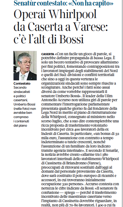Corriere del Mezzogiorno 5.1.2016 | Operai Whirlpool da Caserta a Varese: c’è l’alt di Bossi