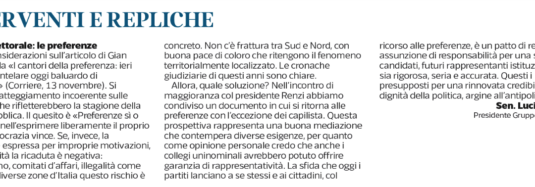 Corriere della Sera 21.11.2014 | Riforma elettorale: la preferenza