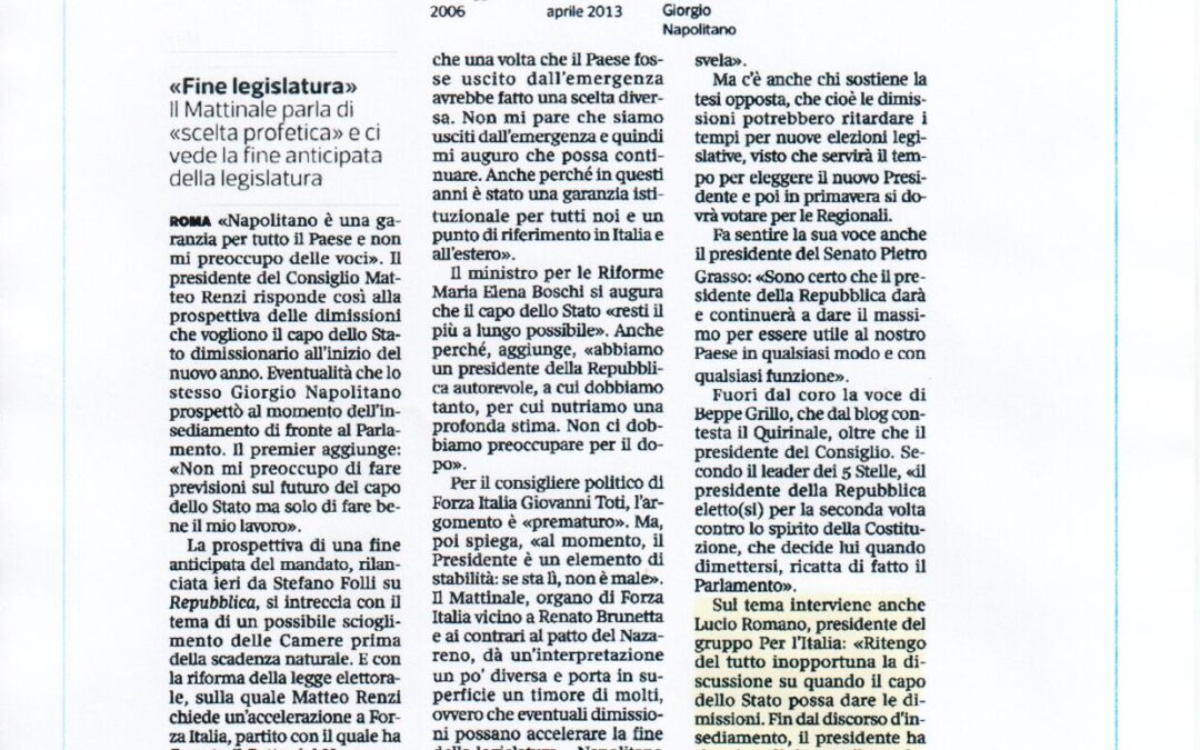 Corriere della Sera 9.11.2014 | Napolitano si prepara a lasciare. E’ aperta la partita del Quirinale