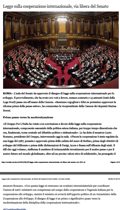 Corriere Sociale 28.6.2014 | Legge sulla cooperazione internazionale. Via libera del Senato
