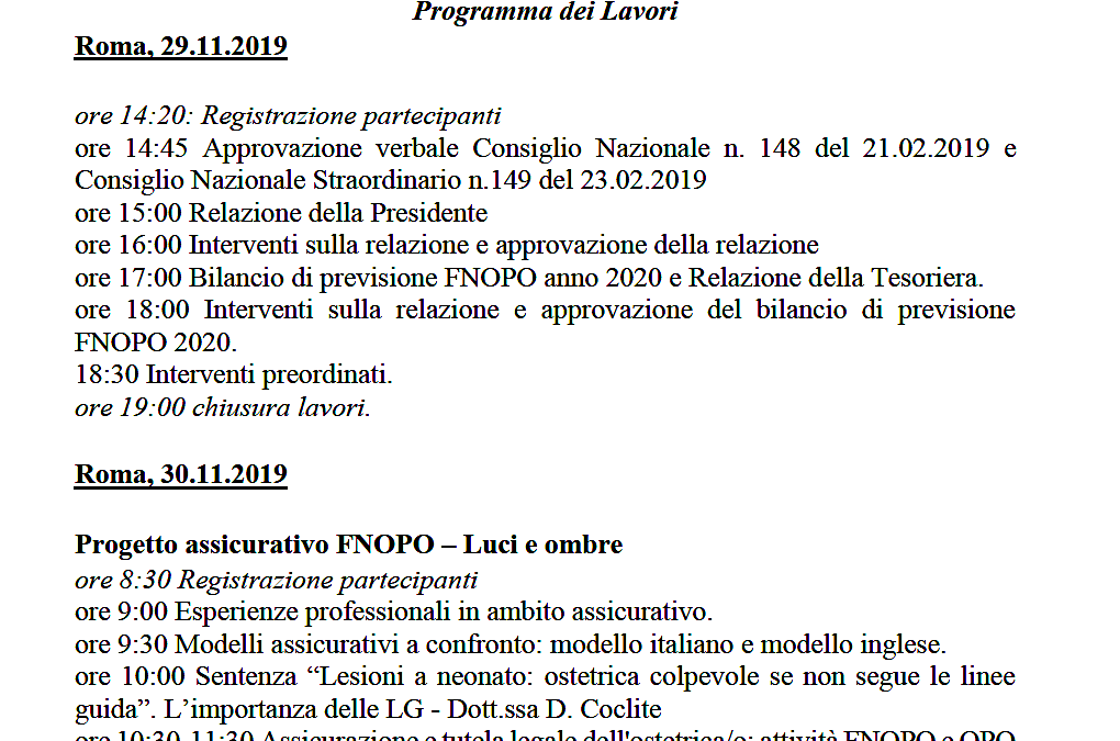 Roma 30.11.2019 | Codice deontologico dell’ostetrica/o: progetto di revisione alla luce della Legge 3/2018.