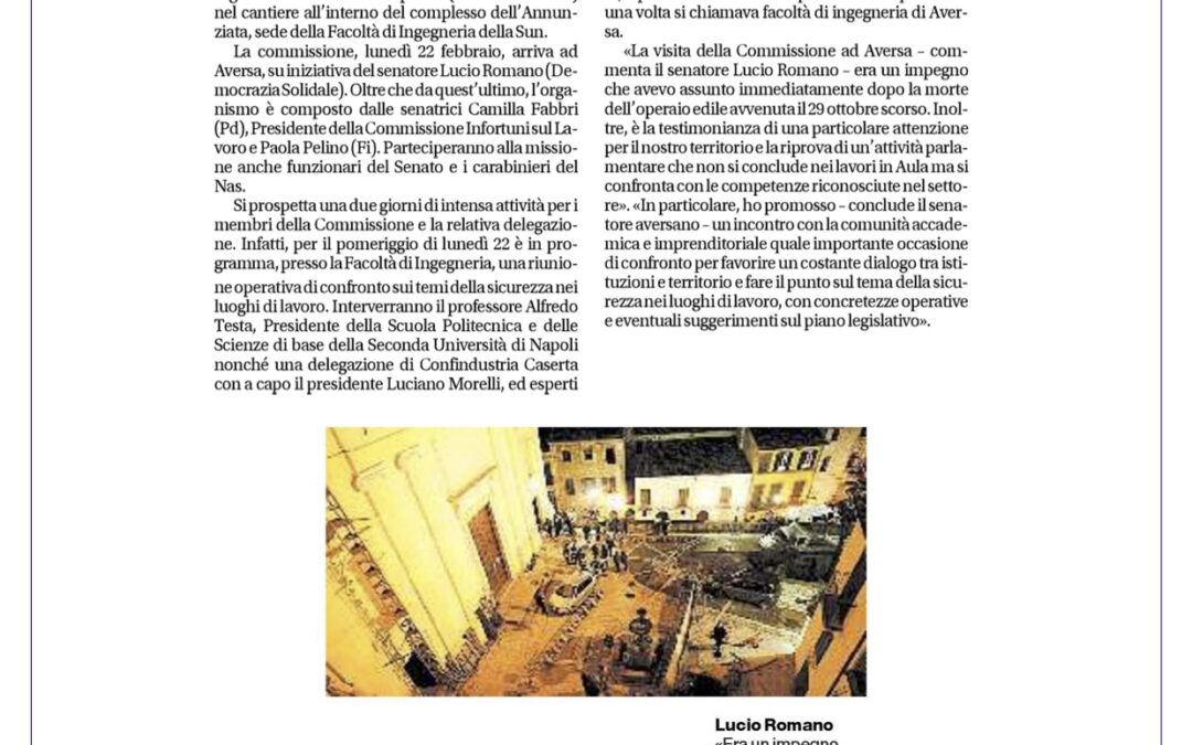Il Mattino 17.2.2016 | Infortuni sul lavoro, arriva la Commissione del Senato