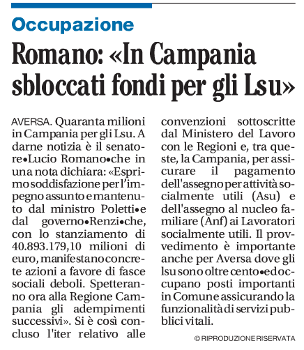 Il Mattino 22.10.2014 | Romano: “In Campania sbloccati fondi per gli LSU”