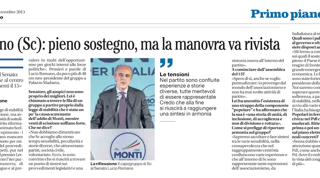 Il Mattino 08.11.2013 | Romano (SC): pieno sostegno, ma la manovra va rivista