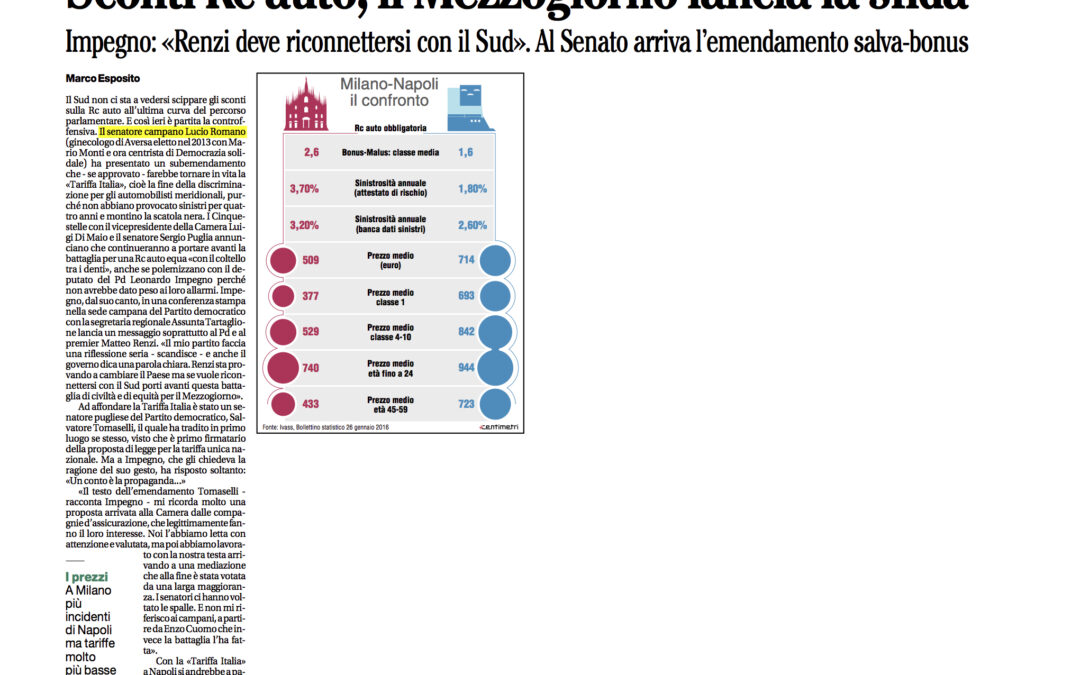 Il Mattino 15.3.2016 | Sconti Rc auto, il Mezzogiorno lancia la sfida