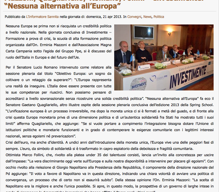 L’Informatore Sannita 21.4.2013 | Mazzoni, Quagliariello, Romano, Follini: Nessuna alternativa all’Europa