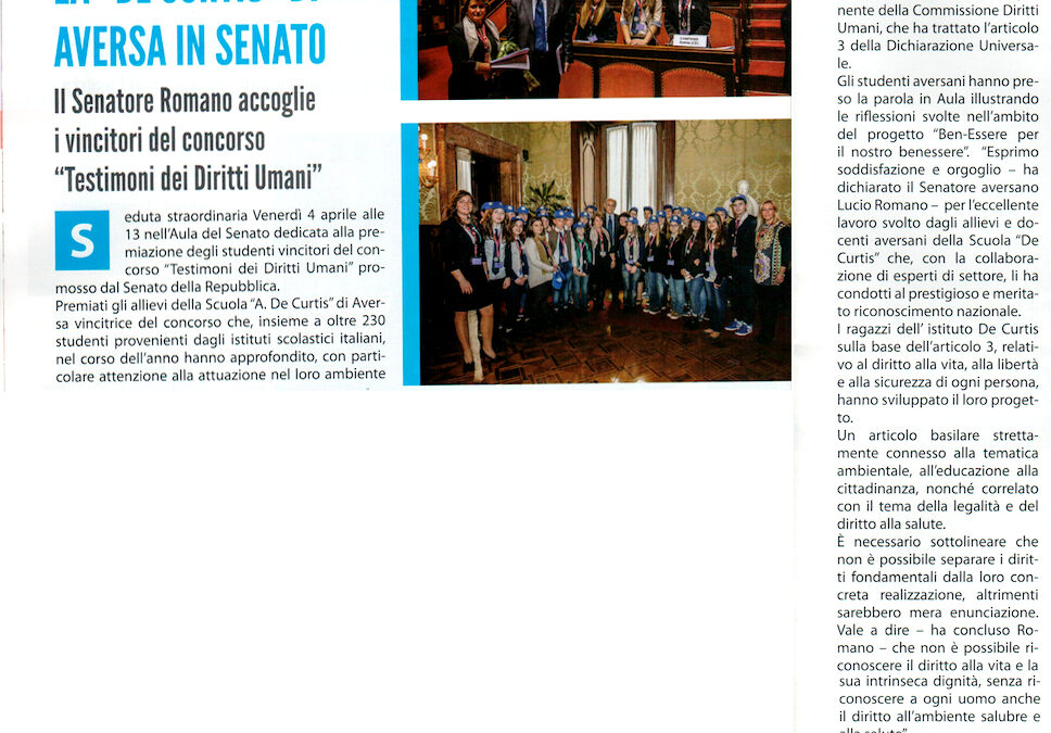Osservatorio Cittadino 20.4.2014 | La “De Curtis” di Aversa in Senato. Il Senatore Romano accoglie i vincitori del concorso “Testimoni dei Diritti Umani”