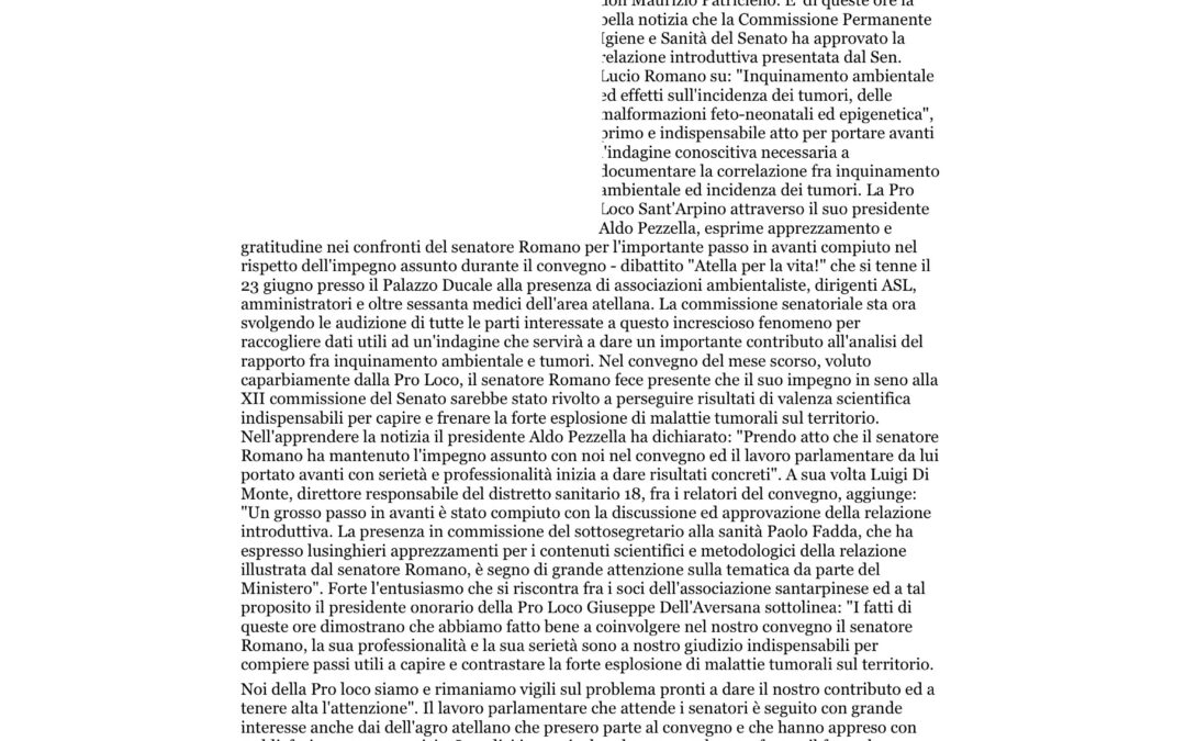 Casertanews 26.7.2013 | Pro Loco si compiace per l’approvazione della relazione del Senatore Lucio Romano su inquinamento ambientale