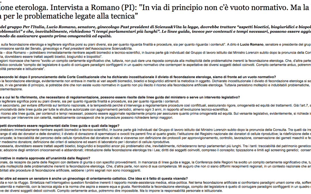 Quotidiano Sanità 13.9.2014 | Fecondazione eterologa. Intervista a Lucio Romano