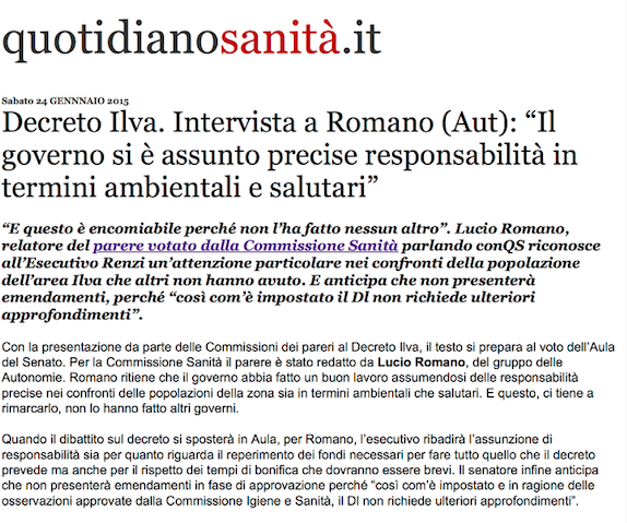 Quotidiano Sanità 24.1.2015 | Decreto ILVA. Intervista a Romano: “Il governo si è assunto precise responsabilità in termini ambientali e salutari”