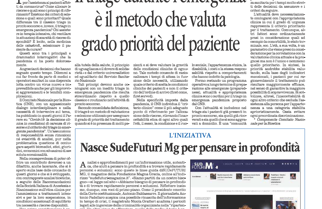 Quotidiano del Sud 21.4.2020 | La pandemia e i suoi interrogativi. Il triage durante l’emergenza