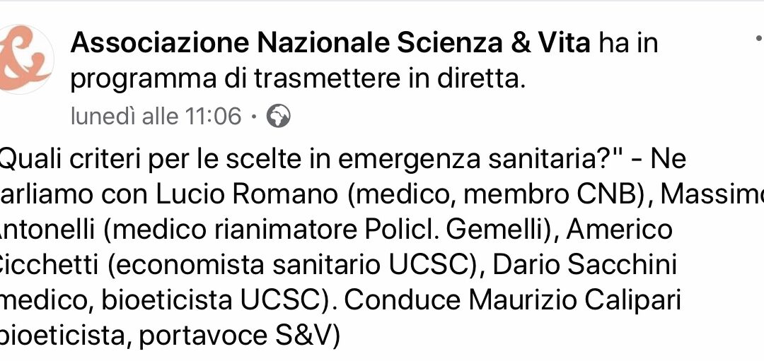 Webinar 10.6.2020 | Quali criteri per le scelte in emergenza sanitaria?