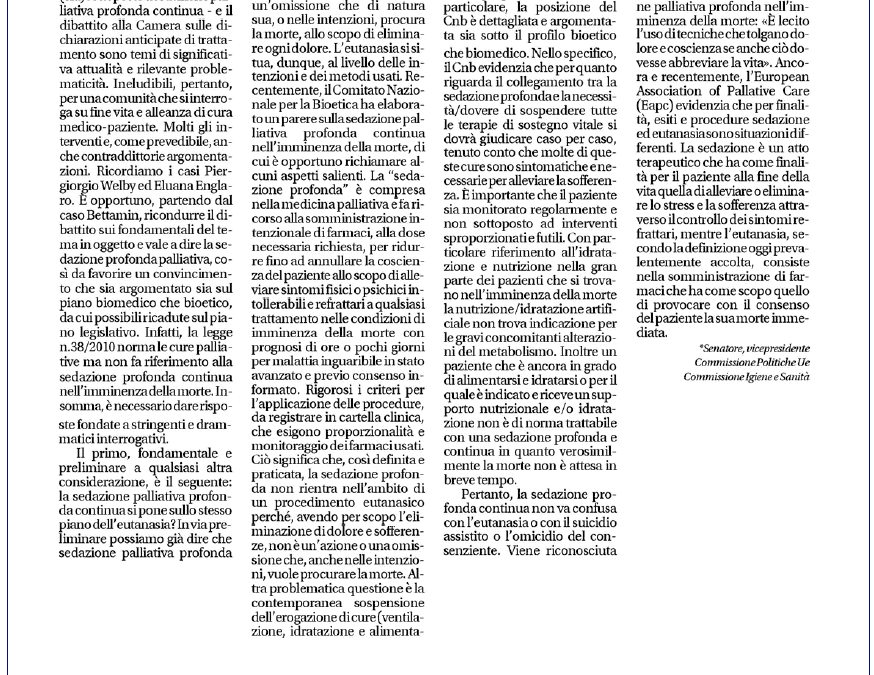 Il Mattino 17.2.2017 I La sedazione è un atto terapeutico