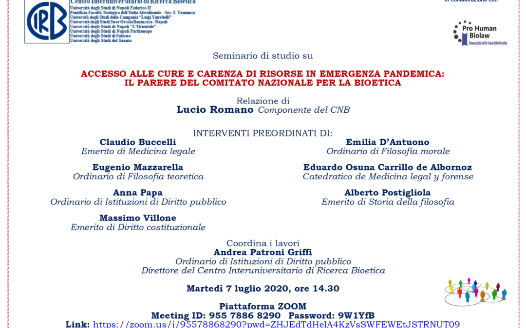 Webinar 7.7.2020 | Accesso alle cure e carenza di risorse in emergenza pandemica. Il Parere del CNB