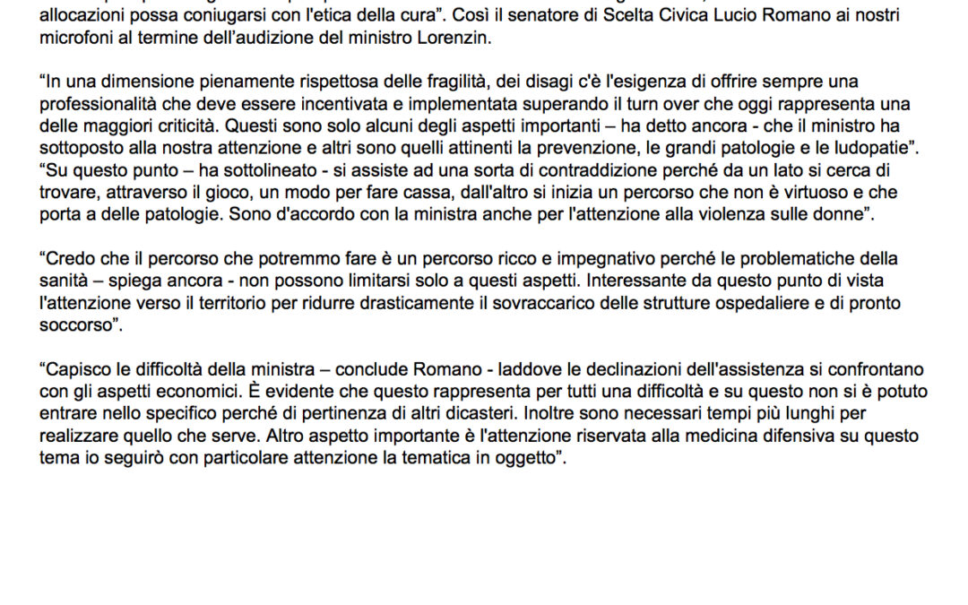 Quotidiano Sanità 04.6.2013 | Romano (Scelta Civica): “Piena condivisione con linee programmatiche di Lorenzin”