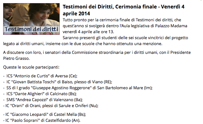 Comunicato Stampa 4.4.2014 |Testimoni Diritti: Premiazione Scuola “A. De Curtis” di Aversa al Senato. Diretta Rai 3 ore 13