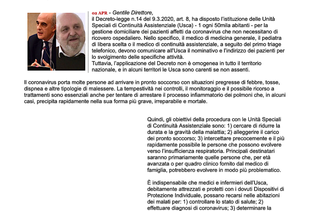 Quotidiano Sanità 2.4.2020 | Coronavirus. Unità Speciali Continuità Assistenziale: urgente avviarle in tutto il territorio nazionale