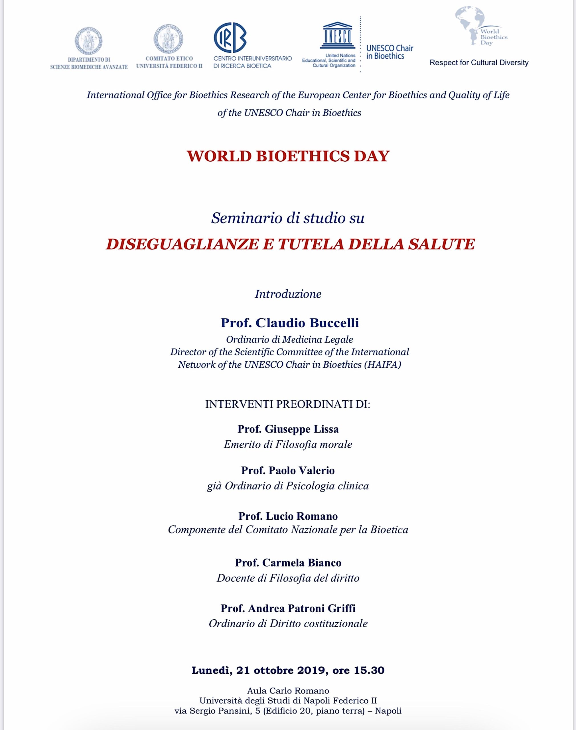 World Bioethics Day (Napoli, 21.10.2019)