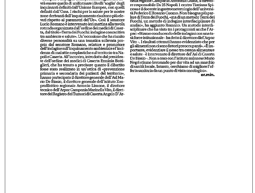 Il Mattino 14.01.2018 | Inquinamento e tumori. “Non abbassare la guardia nella Terra dei fuochi”