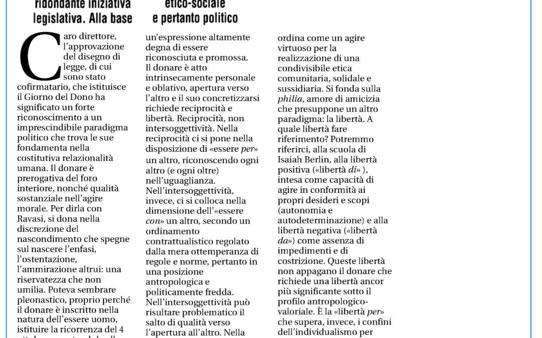 Avvenire 11.7.2015 | Giorno del dono, segno di vera libertà.