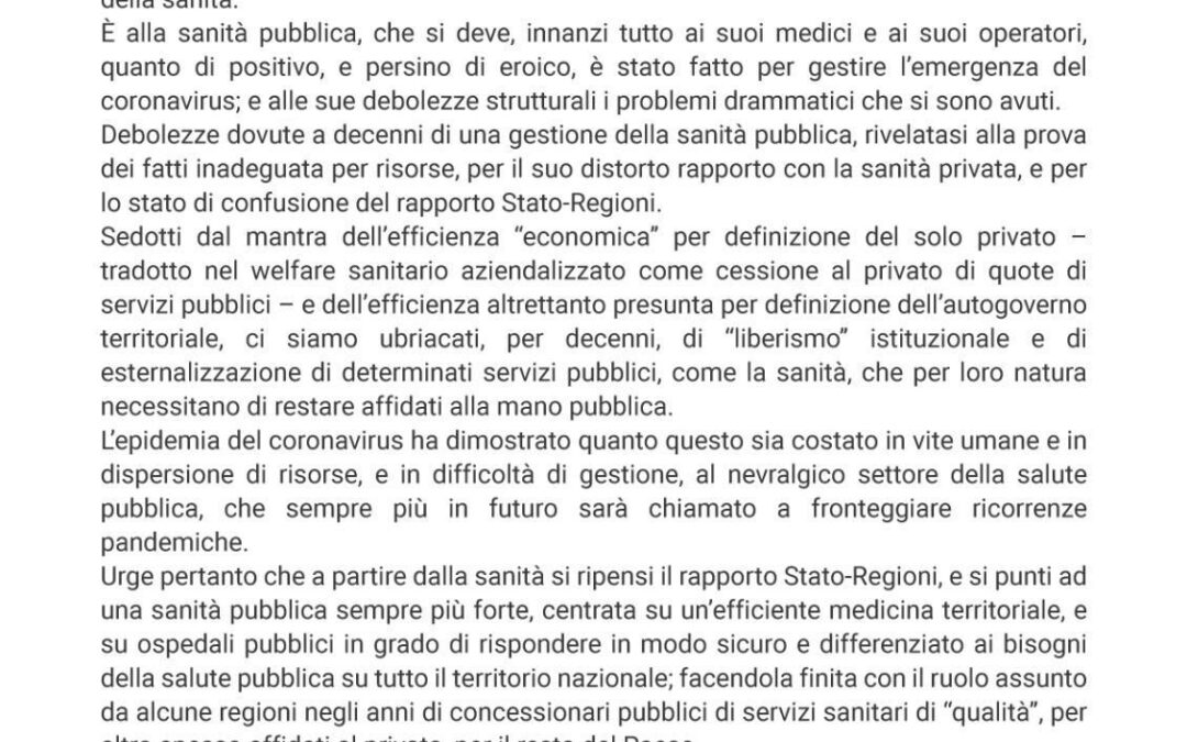 Comunicato Stampa 14.5.2020 | Appello: un’altra sanità per il bene del nostro Paese
