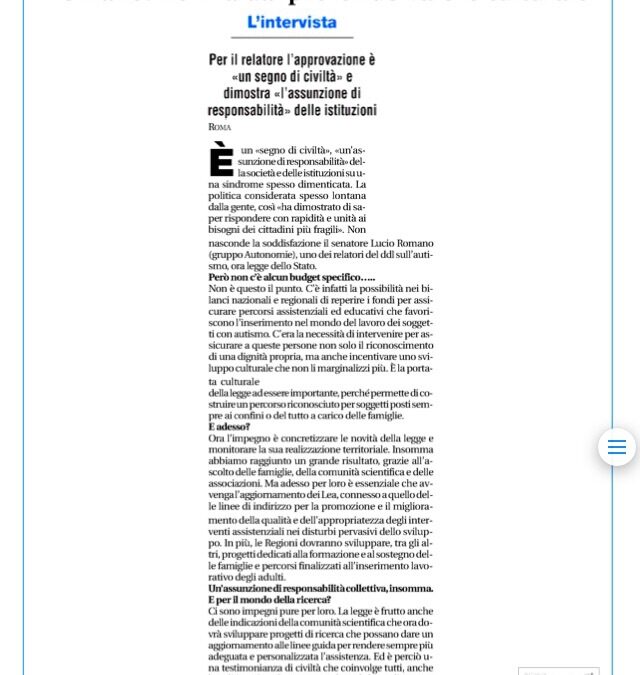 Avvenire 6.08.2015 | Legge Autismo, Romano: norma dal profondo valore culturale