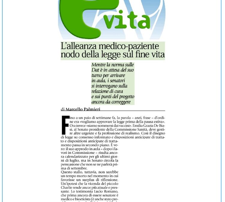 Avvenire 13.07.2017 | L’alleanza medico-paziente nodo della legge sul fine vita